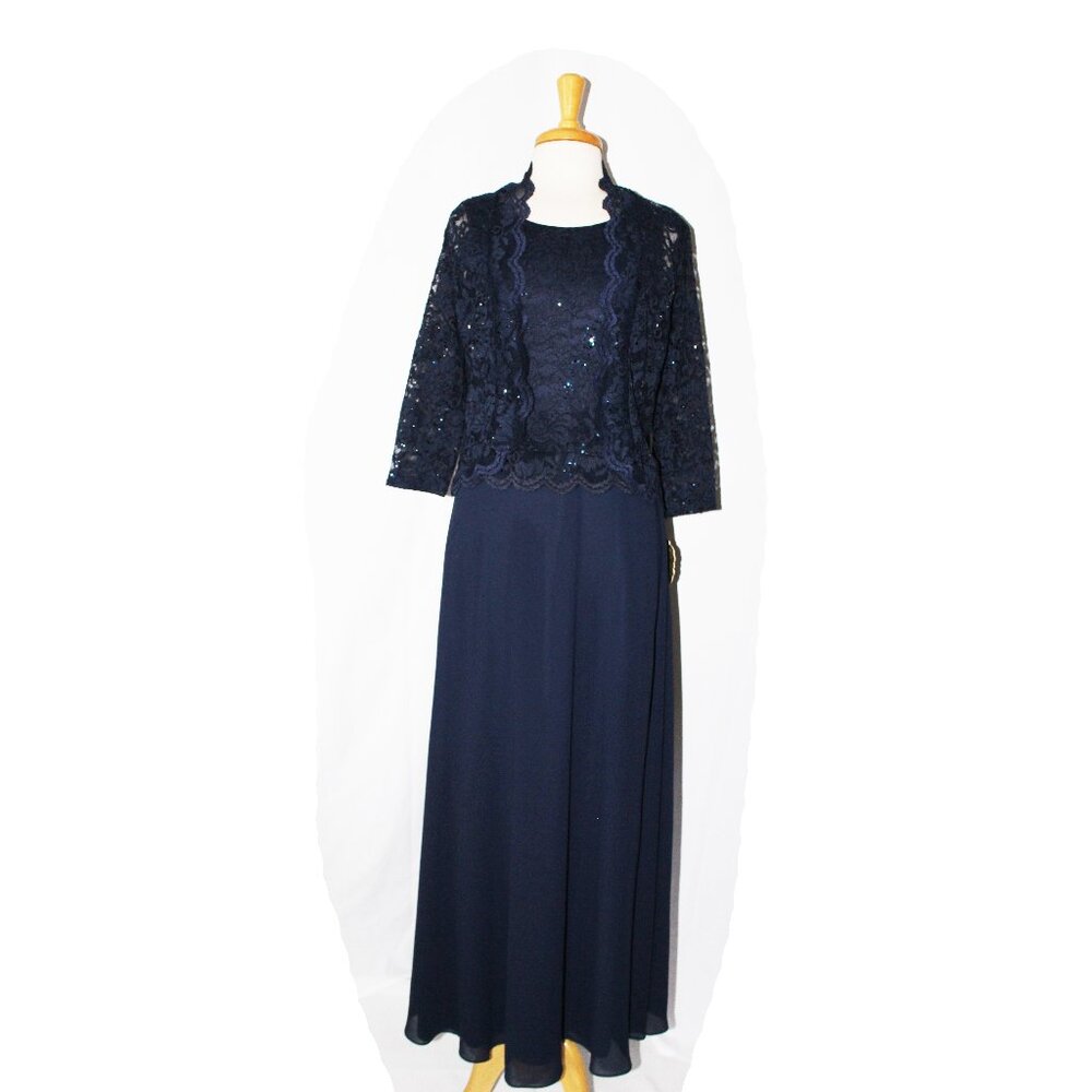 NWT Fanny Fashion #1568-Long Chiffon and Lace Gown W/Bolero-Size S-NAVY BLUE